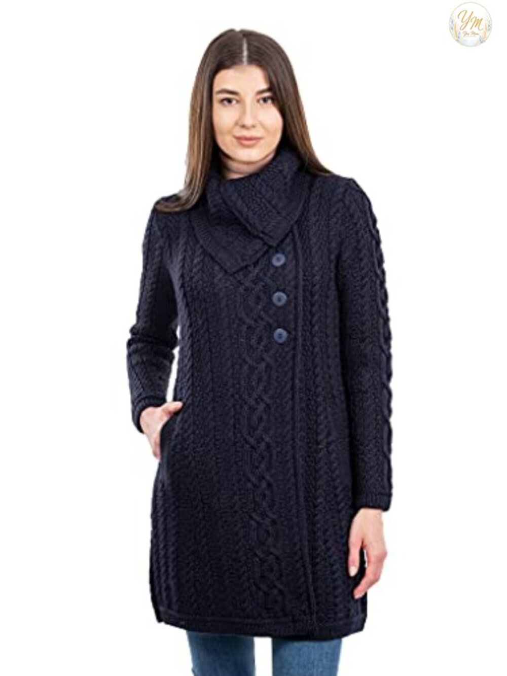 Women's Merino Wool Blend Cardigan Sweater with Side Pockets, Oversized Collar